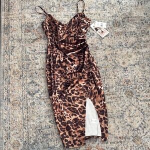 Leopard Print Slip Midi Dress with Side Slit